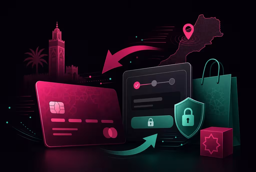 Illustration of a bank card and a secure checkout screen with a shopping bag, representing CMI card payments in Morocco