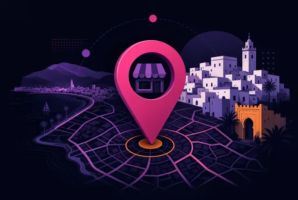 Illustration of a map pin over a shop icon and a Moroccan medina skyline, representing local search visibility