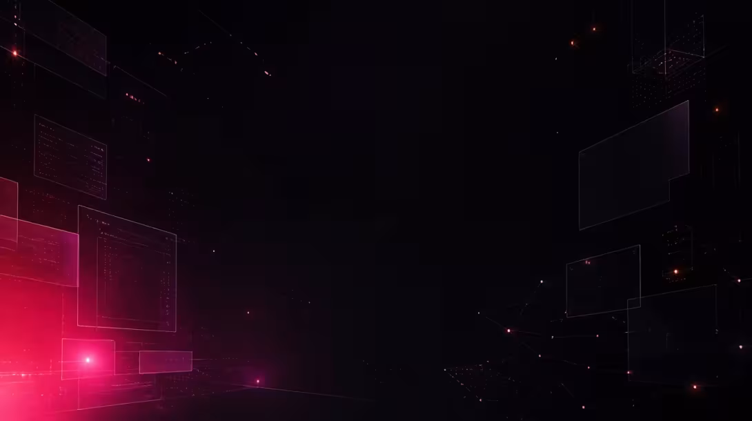 Abstract 3D illustration of glowing digital panels and connected network nodes
