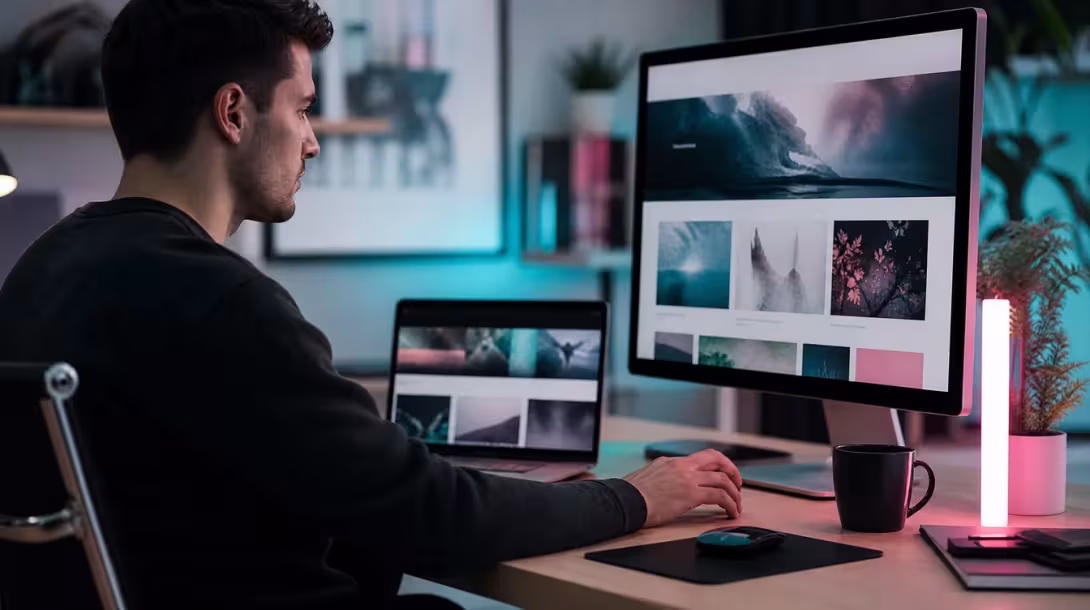 Browsing a photo gallery website on a desktop monitor and laptop