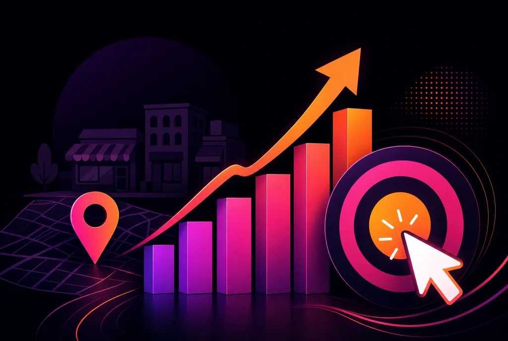 Illustration of a rising sales chart with a location pin and target icon, representing local ad growth