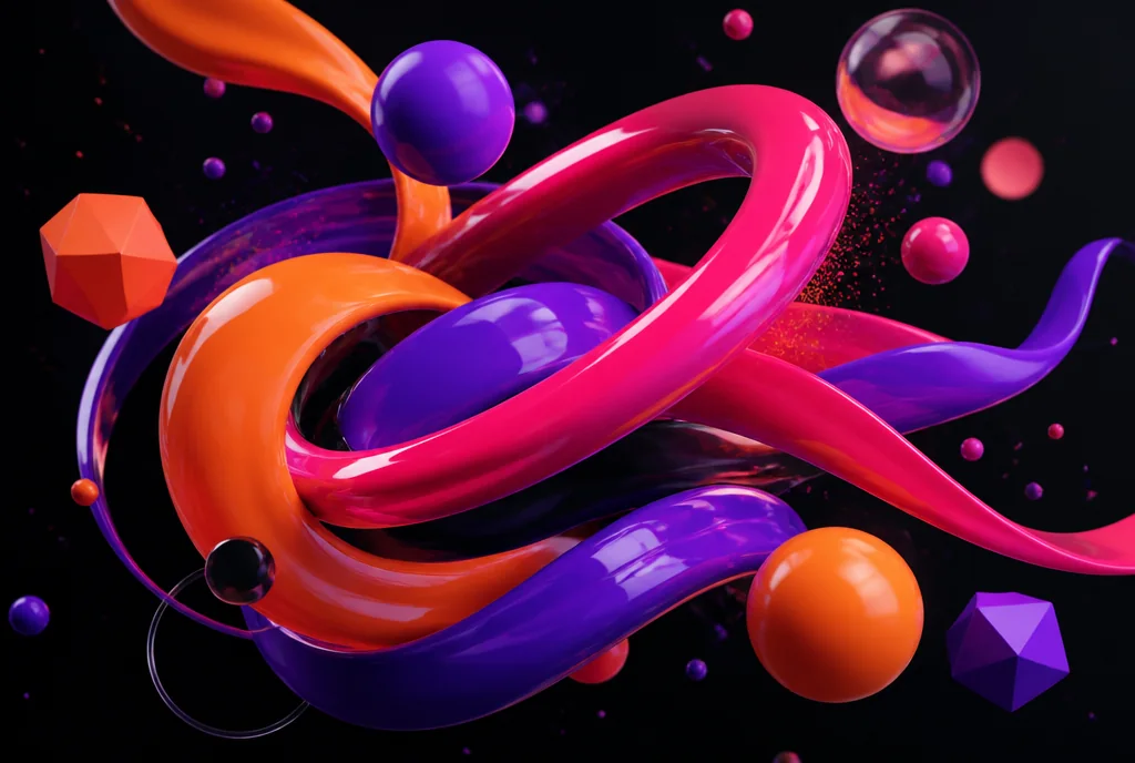 Abstract 3D illustration of colorful swirling shapes and spheres
